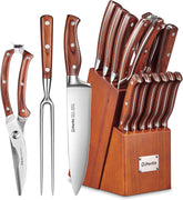 D.Perlla 16-piece knife set arranged in acacia wood block, ready for daily use and storage.