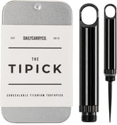 DAILYCARRYCO TiPick titanium holder closeup for durable travel hygiene.