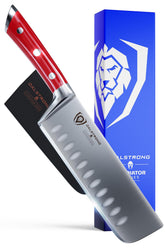 Dalstrong Nakiri 7in Gladiator blade edge for precise vegetable slicing.