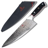Dalstrong Shogun Elite 8-inch Damascus blade close-up shows layered patterns for precise cuts.