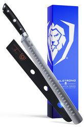 Dalstrong slicing knife 12-inch Gladiator Elite blade for precise roasts.
