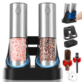 Daslich upgraded rechargeable salt and pepper grinders resting on the base for easy use