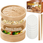 Dealzndealz 2-tier bamboo steamer basket with lid for oil-free, even steaming.