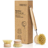DEBETOOL bamboo pot dish brush close-up with ergonomic handle for easy scrubbing.