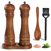 DEBETOOL oak salt and pepper grinder set on a stand for organized counters.