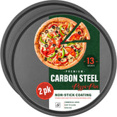 DecorRack 13-inch pizza pan front view showing sturdy carbon steel for even baking.