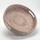 DECRAFTS round white rattan tray with handles for easy serving and stylish decor.