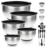 Deedro premium mixing bowls with lids, five bowls ideal for precise prep and containment.