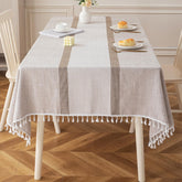Deep Dream tablecloth with embroidery tassels enhances rustic table settings.