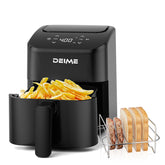 DEIME Air Fryer 2.8 Qt basket view showing space-saving design.
