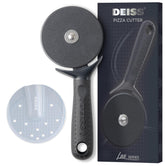 Deiss Lux pizza cutter blade close-up shows a sharp stainless wheel for clean cuts.