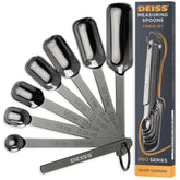 Deiss PRO heavy-duty spoons flat lay with precise engravings for easy quick reference in cooking and baking