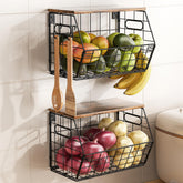 Delamu stackable metal fruit basket with wood lid on a countertop for organized produce