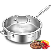 DELARLO 12-inch tri-ply frying pan with lid showing even heat distribution