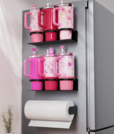 DELITON two-pack magnetic cup holder on fridge keeps Stanley tumblers organized.