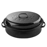 DIMESHY enamel steel roasting pan with black lid, easy cleanup after roasting.