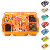 Dingerjar divided serving tray with lid and handle for portable party platters.
