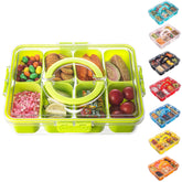 Dingerjar divided-serving-tray with lid and handle for easy transport of snacks.