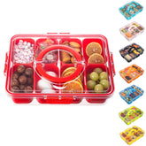 Dingerjar divided-serving-tray lid-handle ideal for party snack transport.