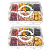 Dingerjar divided snack tray with lid and handle shows organized compartments for party snacks.