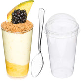 DLux 50-pack mini dessert cups with lids and spoons for easy tastings.