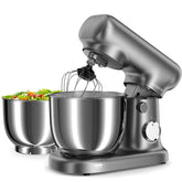 DOBBOR stand mixer with dual bowls in gray-silver, ideal for multitasking in compact kitchens.