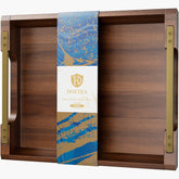 Dofira acacia wood tray with metal handles for stylish dining room serving.