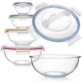 dokaworld 5-piece nesting glass bowls stack neatly for quick meal prep and storage.