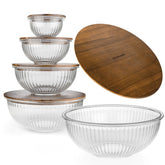 Dokaworld stackable bowls with acacia lids for space-saving kitchen storage.