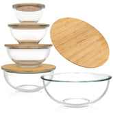 Dokaworld stackable borosilicate bowls with bamboo lids save kitchen space.