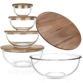 Dokaworld stackable bowls with wood lids save space and simplify cabinet organization.