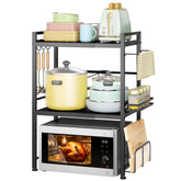 DOLALIKE expandable microwave rack assembly showing adjustable fit on a kitchen counter