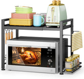 DOLALIKE microwave rack with adjustable width for space-saving setup.