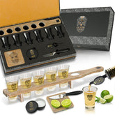 Don Paragone Calavera tequila board setup showcasing the oak tray and glasses for a refined tasting