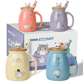 DONGSHANGIFT cute cat mug in blue with lid and fish spoon for cozy mornings