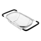 DOPMEP fine mesh colander over sink for easy hands-free draining of produce.