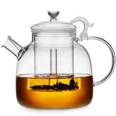 DOPUDO 68oz glass teapot ready for stove-top brewing with loose leaf tea.