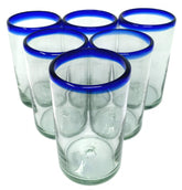 Dos Sueños hand-blown glass with cobalt blue rim, 14 oz, ideal for entertaining.