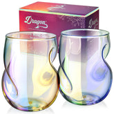 Dragon Glassware stemless wine glasses with iridescent finish, perfect for elegant table styling.