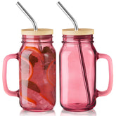 DRASTAR 24oz mason jar with handle, pink lid and straw for cold drinks.