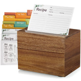 DRASTAR Acacia recipe card box in warm wood tones on counter, showcasing durable storage