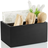 DRASTAR silverware caddy with wooden utensil holder showing 4-in-1 layout for easy organization.