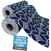Drymate Indigo shelf liner 12x59 snugly fits shelves to protect from spills.