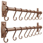 Dseap antique copper utensil rail close up showing eight hooks for easy access.