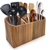 Dstuff acacia wood utensil holder with natural grain keeps utensils neatly organized on the counter.