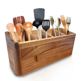 Dstuff large acacia utensil holder with four compartments on a kitchen counter
