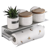 DUFU paper towel holder with shelf on kitchen counter, neat and practical.