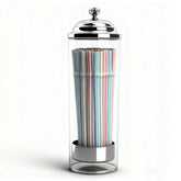 Dukars glass straw dispenser with 100 straws on a kitchen counter.