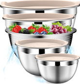 DUTZUN stainless steel mixing bowls beige set, stackable for space-saving prep.