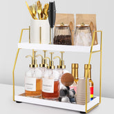 DWTS coffee bar organizer, two-tier wood shelf, left view, frees counter space